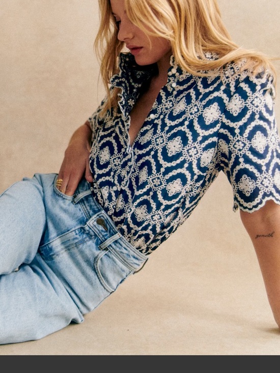 Sezane Tops - Sezane Navy Blue Lace-Pattern Button Down Shirt